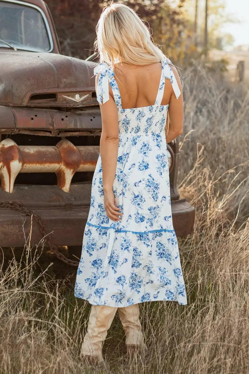 Sky Blue Floral Print Shirred Knot Shoulder Dress - Love Salve